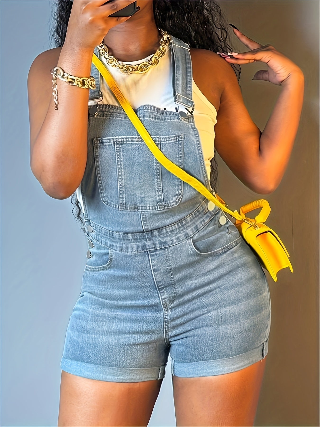 Women Solid Color Slim-fit Jeans Casual Button Trim Denim Romper Pockets Sleeveless Denim Romper