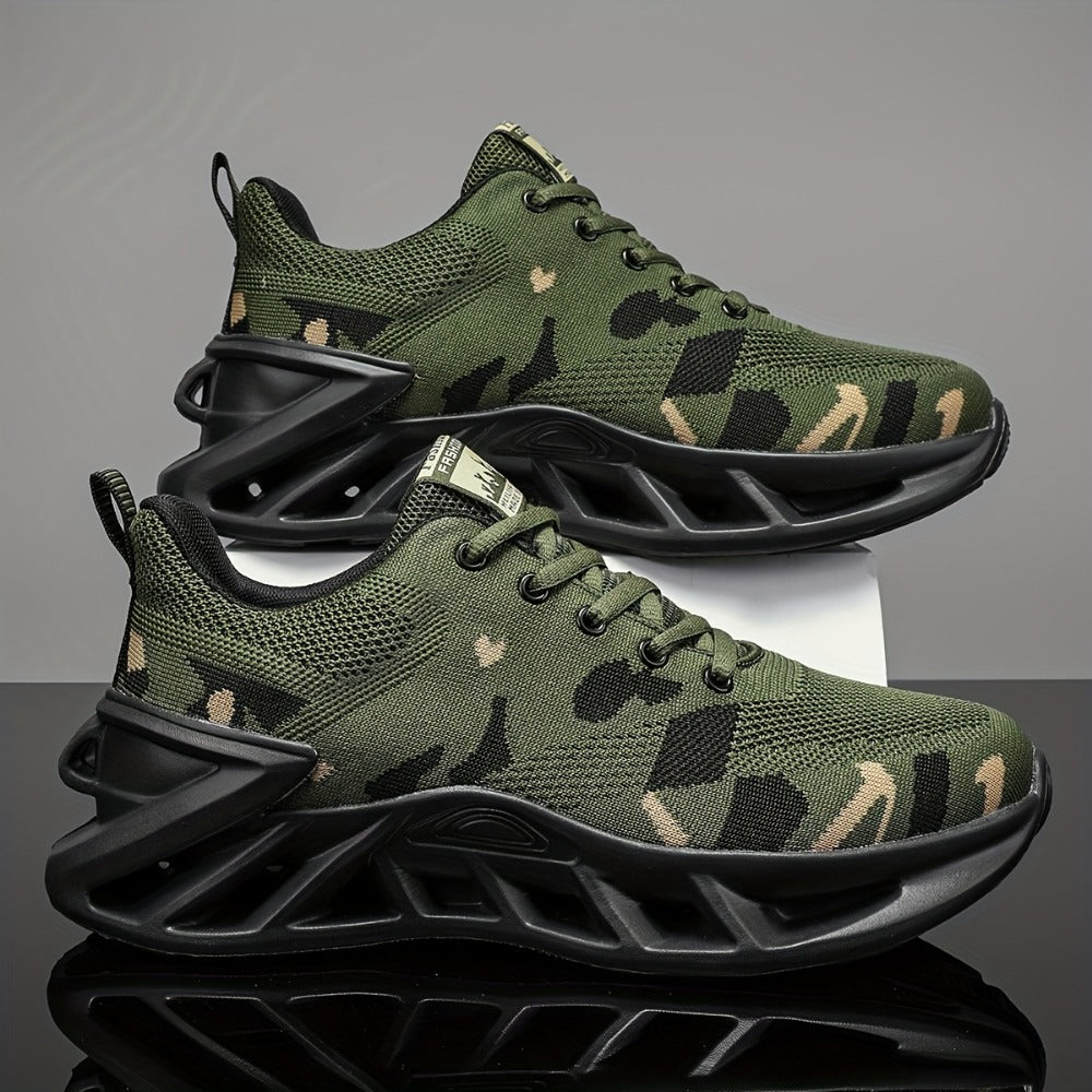 Camouflage Mesh Running Shoes - Rubber Sole and Lace-Up Fit