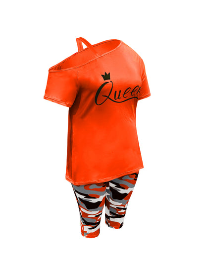 Plus Size - Ladies Plus Size Daily Casual One-Shoulder Short Sleeve Two-Piece Outfit, Diagonal Shoulder Design, Slim Fit Camouflage Pants Suit With Letter Print.