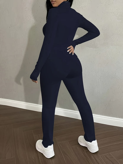 Women'S 2pcs Solid Color Fitted Sports Set Zipper Jacket & Pants Spring Autumn Yoga Workout Wear