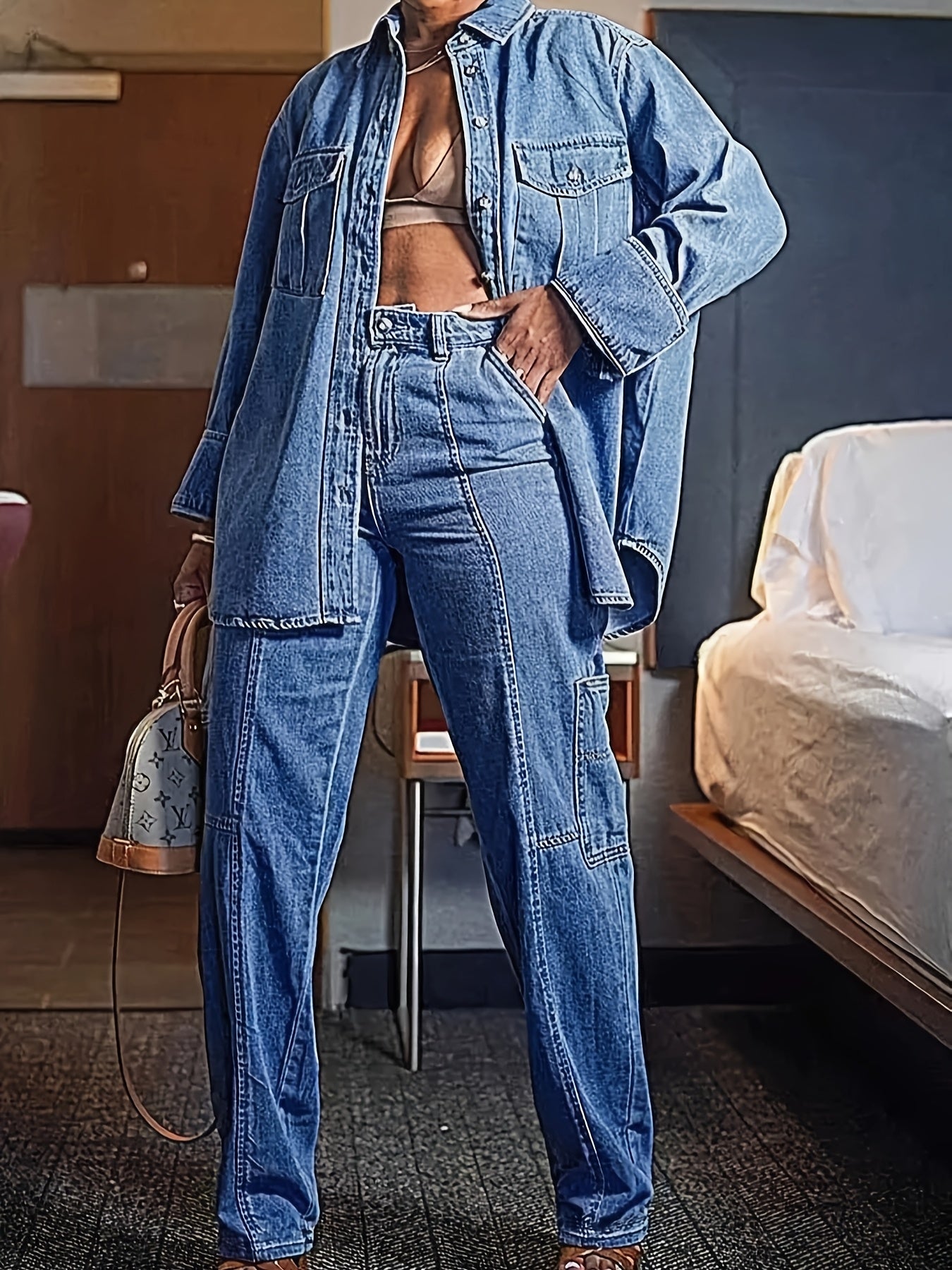HME New Autumn/Winter Women's Stretch Flare Jeans, Heavy-Duty Washed Vintage Blue, Casual Versatile Pencil Pouch Style, Vintage Women's Denim Pants (No Top Accessories)