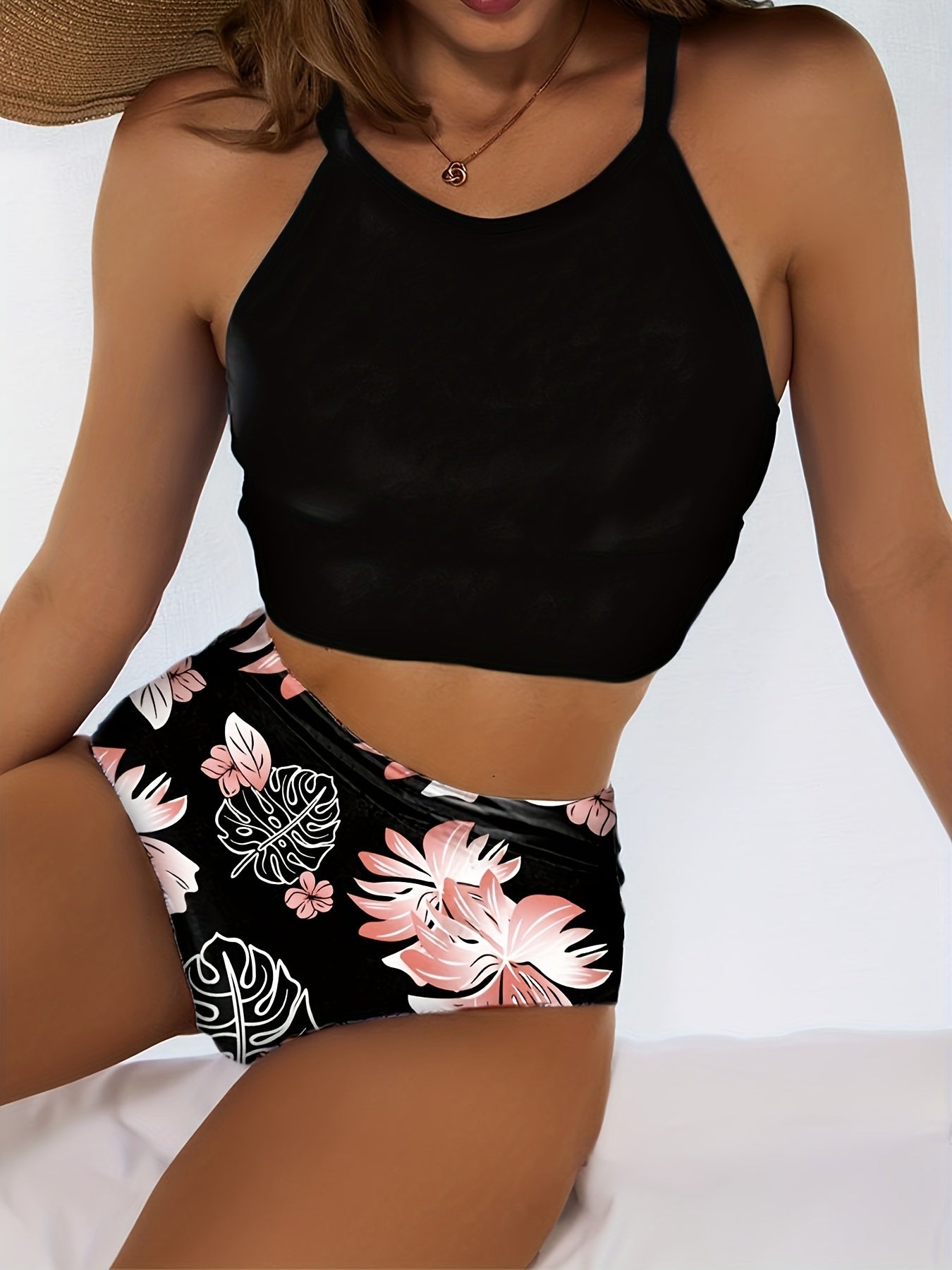 1set Women'S High-Waisted Bikini Set, Quick-Dry Polyester Knit Fabric, Sleeveless, Floral Print, Conservative Beach Swimwear