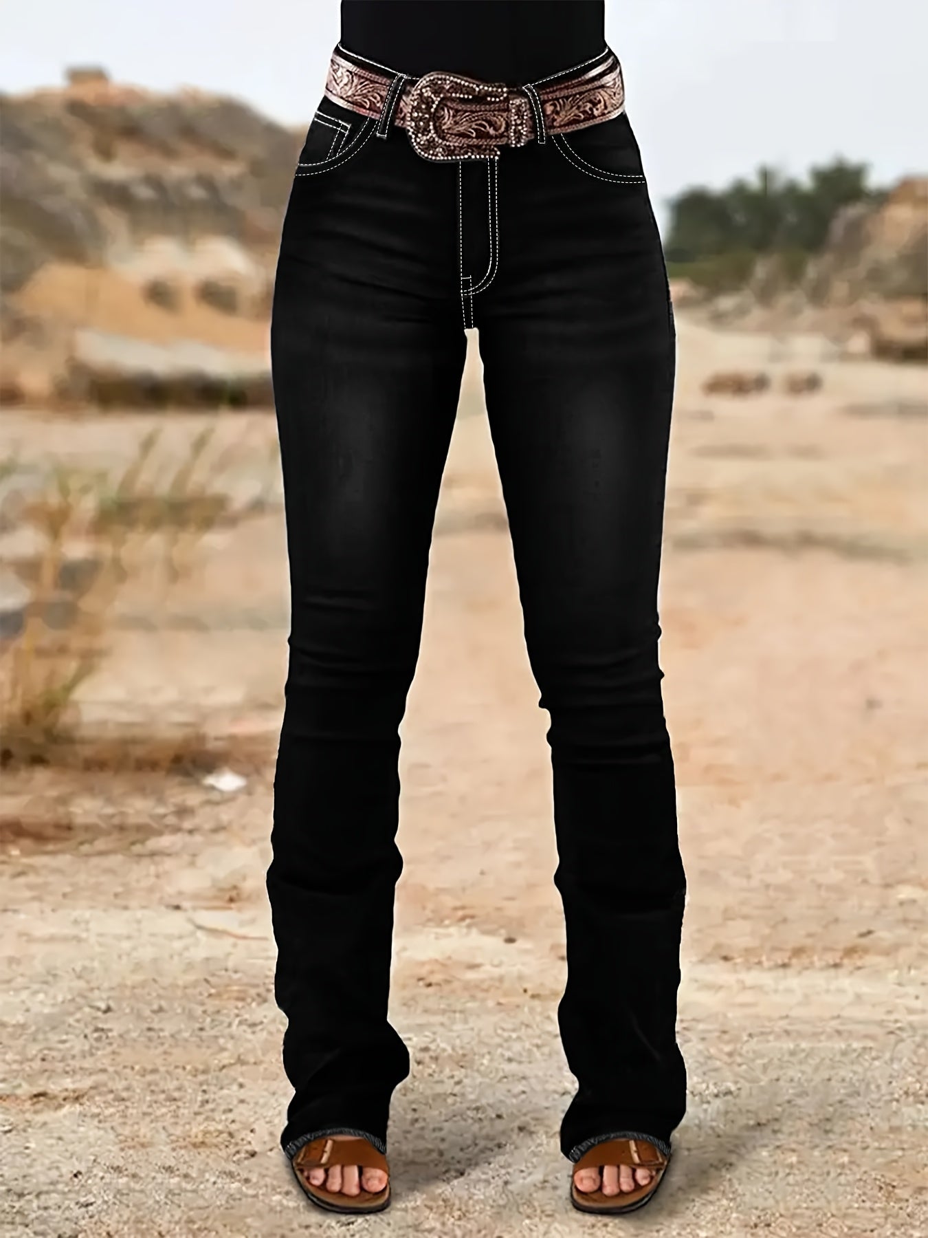 High-Waisted Bell-Bottom Jeans with a Black Irregular Pattern Embroidery on The Back Pocket, Featuring a Heavy Industry Contrast Color Wash, Cat Beard Design, And a Mature Retro Style Suitable for All Seasons