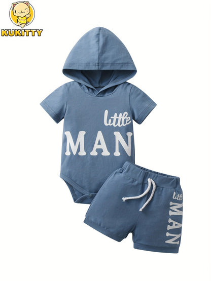 Kukitty Baby Boy Shorts Sets Summer Short Sleeve Hooded Letter Print Romper Tops Shorts Infant Boys Clothes, for Outdoor