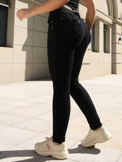 Classic Black High Waist Skinny Jeans | Front Button, Elastic, Slim Fit, Hip Lifting, Fashionable and Tight Fitting Women'S Jeans with Pocket Craftsmanship