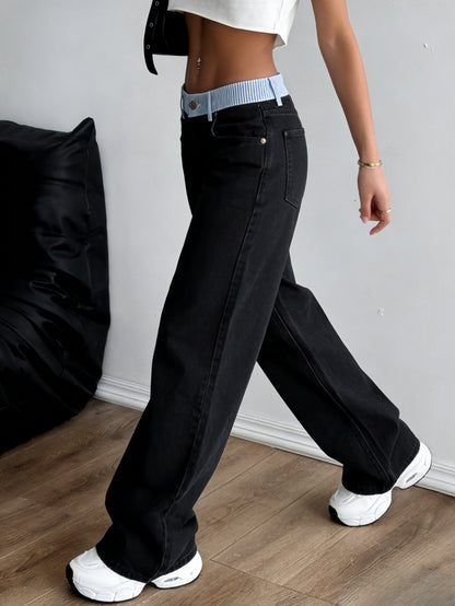 2026 Spring And Summer Fragrance New Contrasting Color Letter Webbing Decoration Straight Splicing Casual Pants Temperament Straight Jeans Commuter Trousers High Waist Jeans