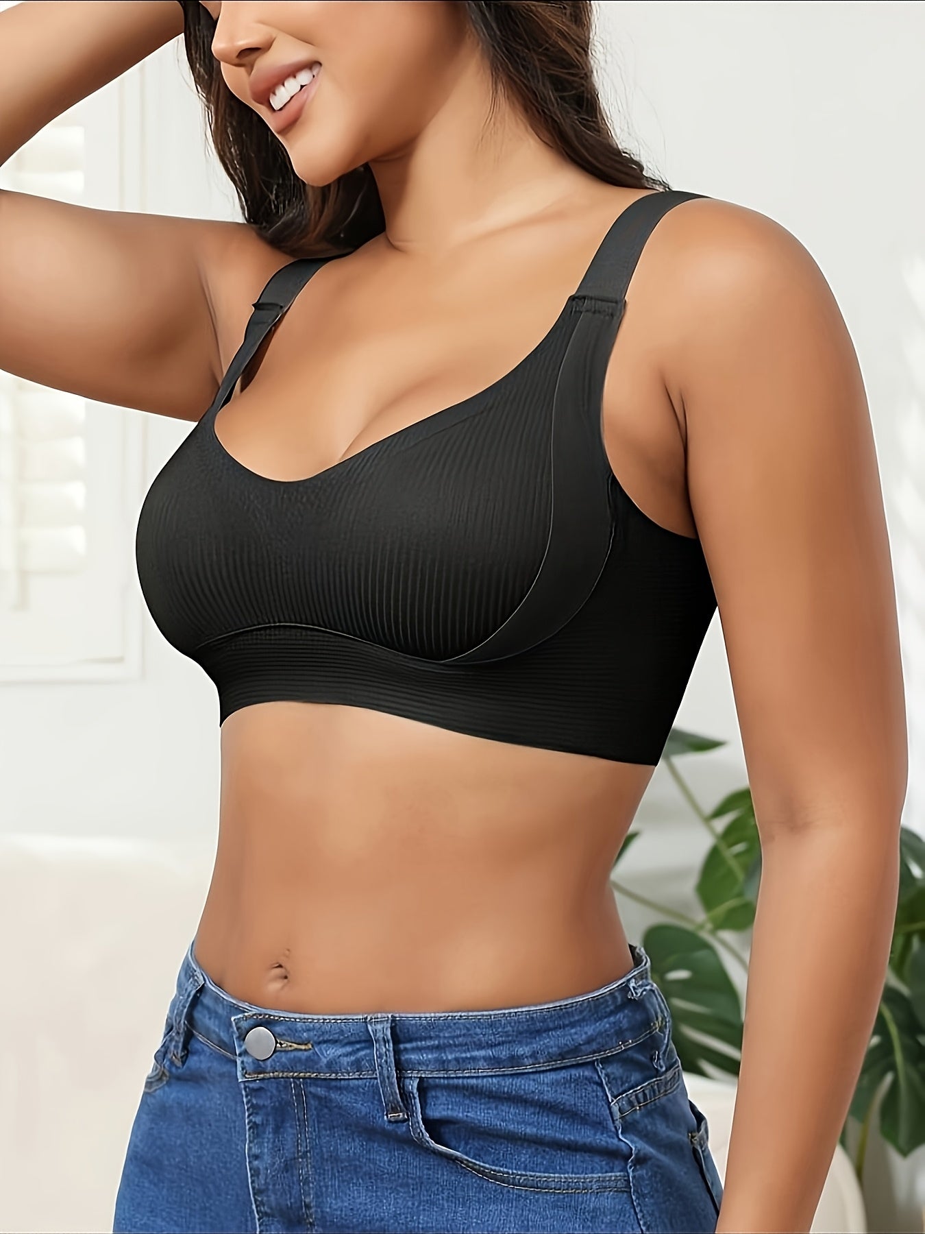 3pcs Women'S Bra Set - Wire-Free Push-Up Support with Adjustable Straps, Ultra-Soft Breathable Non-Detachable Padded Cups, Full Bust Coverage for Daily Wear (Lingerie) - 3 Bras Suitable for Women (White, Apricot, Black)