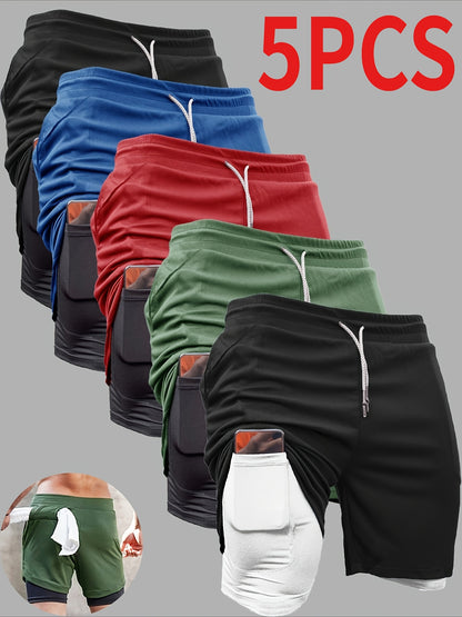 5pcs TNZI Gym Shorts Men'S 2-In-1 Double Layer With Inner Pocket, High Stretch Sports For Summer Workout Training, Running Athletic Compression Mens Basketball Bike Clothing Clothes Mesh Sets Gear Football Fitness Leggings Short De Hombre Gym
