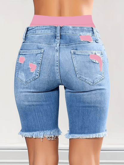 Denim Shorts, Color Block Printed Ripped Shorts/w Fitness Running Shorts