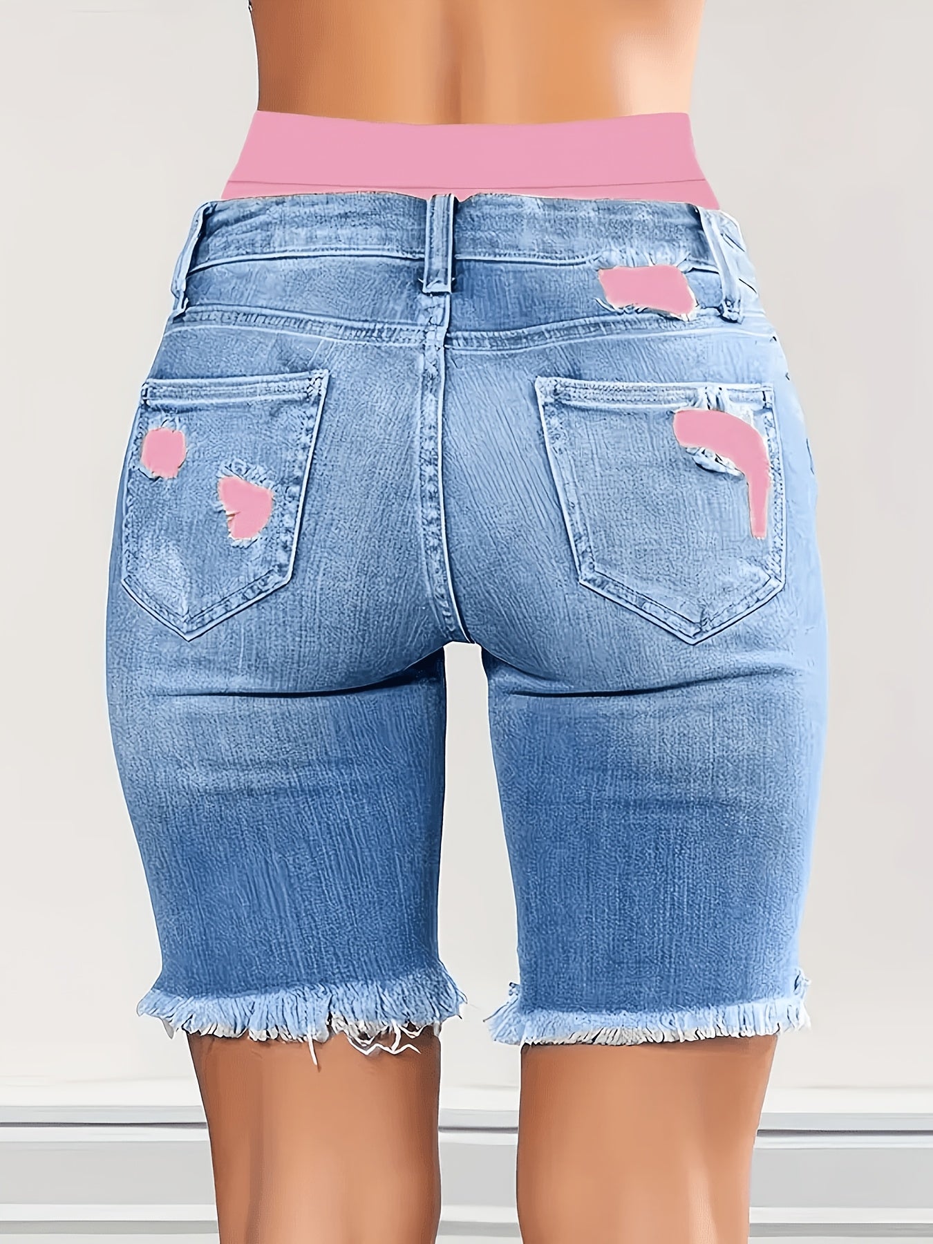 Denim Shorts, Color Block Printed Ripped Shorts/w Fitness Running Shorts