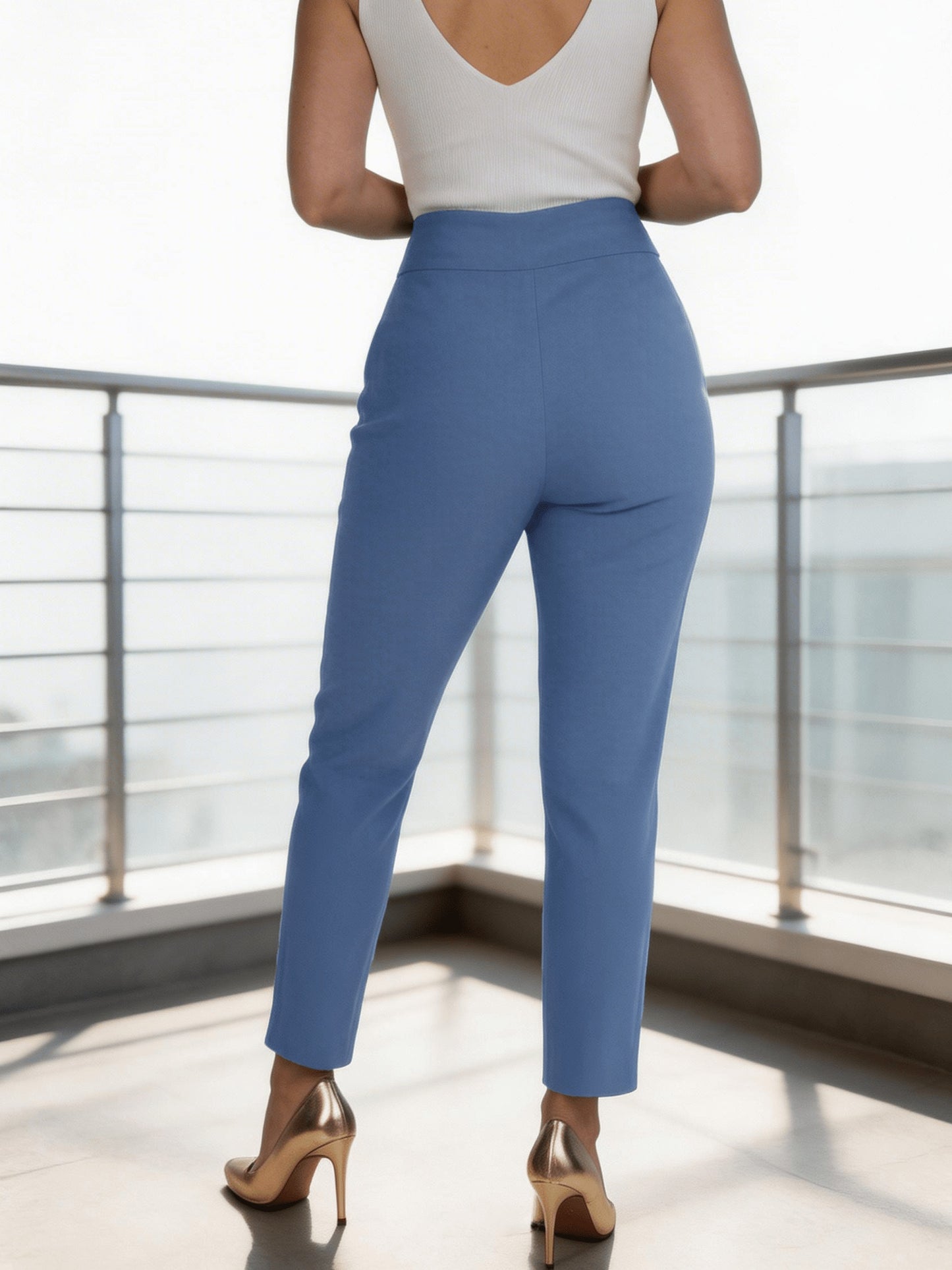 Women's High Waisted Stretch Slim Fit Cropped Trousers, Office Casual Work Pants with Metal Detail