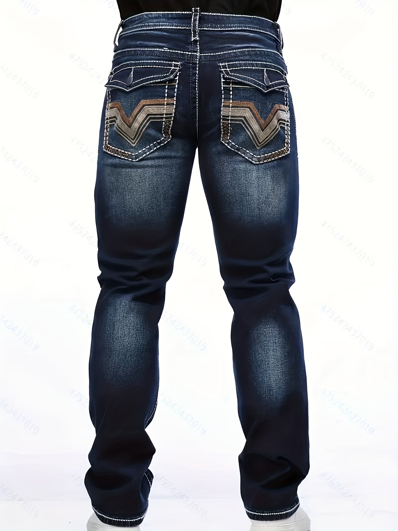 Men's Deep Blue Elastic Embroidered Casual Jeans