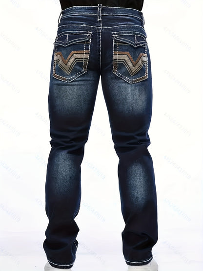 Men's Deep Blue Elastic Embroidered Casual Jeans