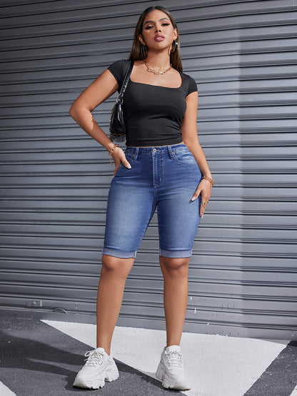 Women's Mid-waist Roll Cuff Bermuda Stretch Denim Shorts Everyday Everything Suitable for Daily Wear Tight Fit Suitable for Family And Friends Gifts