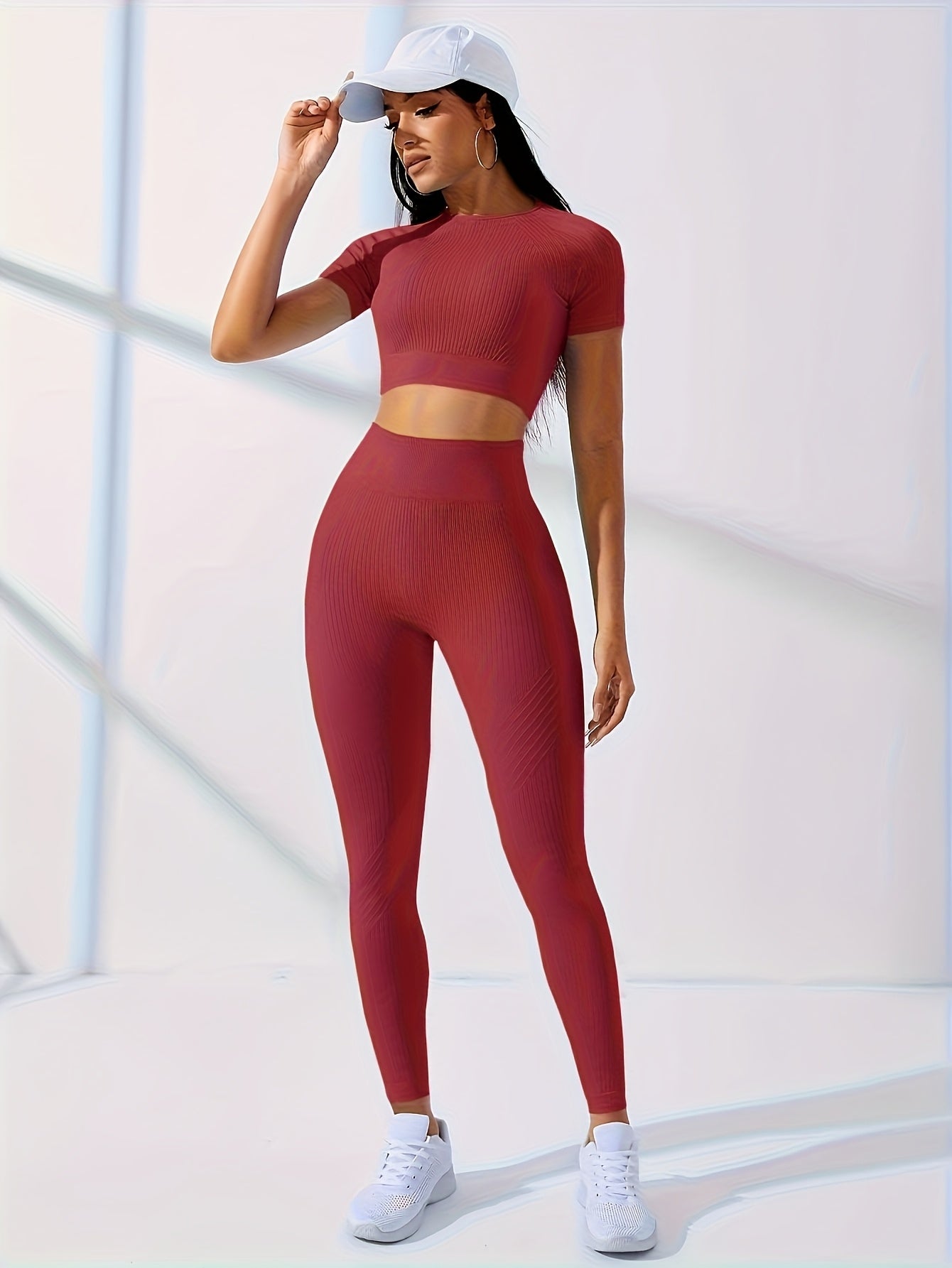 Women's 2pcs Workout Set - Yoga Top & Leggings, Crew Neck, Medium Stretch, Solid Color, All-Season Activewear, Workout