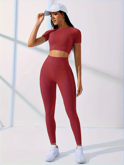 Women's 2pcs Workout Set - Yoga Top & Leggings, Crew Neck, Medium Stretch, Solid Color, All-Season Activewear, Workout