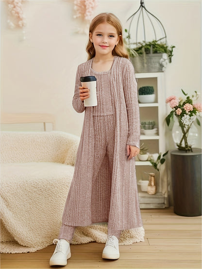 Stretchy Knitwear 3pcs Girls, Long Sleeve Shawl Knit Cardigan + Top + Leggings Kids Gift, perfect for casual outdoors & walking dog, Perfect for Outdoor