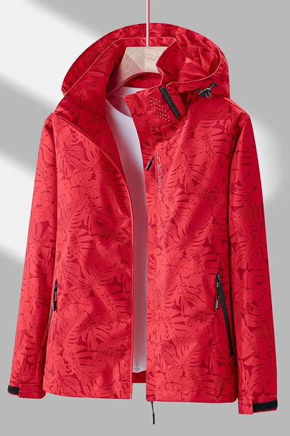 Women's Lightweight Windproof Hooded Jacket - Casual Zip-Up Outdoor Raincoat with Tropical Leaf Print, Removable Hood & Adjustable Cuffs for Spring Summer Fall,, Travel, Camping, Camping Gear, Apparel, Durable Zipper Closure
