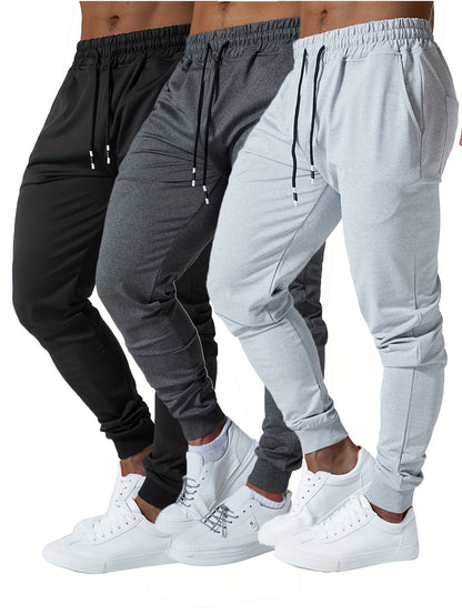 3pcs Men's Jogger Sweatpants - Ultra-Elastic Gym Pants with Deep Side Pockets, Mid-Rise Athletic Workout Bottoms, Solid Color Casual & Training Wear, Machine Washable (Regular Fit) - Bulk Pack for Running, Gym, Everyday Use - Easy Care &