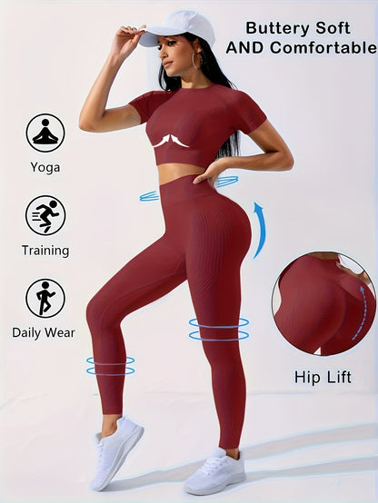 Women's 2pcs Workout Set - Yoga Top & Leggings, Crew Neck, Medium Stretch, Solid Color, All-Season Activewear, Workout