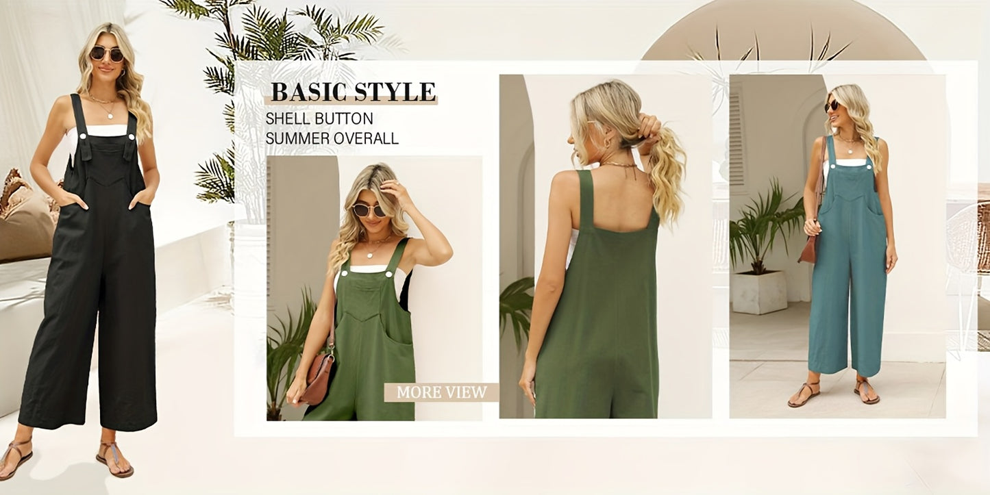 Women's Loose Fit Cotton-Linen Overalls Jumpsuit - Adjustable Strap Wide Leg Romper Pants with Zipper Closure, Non-See-Through Lightweight One-Piece Outfit for Women, Casual to Formal Events (Spring/Fall/Summer) - Everyday & Formal Wear, Ladies Rompers An