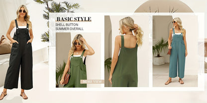 Women's Loose Fit Cotton-Linen Overalls Jumpsuit - Adjustable Strap Wide Leg Romper Pants with Zipper Closure, Non-See-Through Lightweight One-Piece Outfit for Women, Casual to Formal Events (Spring/Fall/Summer) - Everyday & Formal Wear, Ladies Rompers An