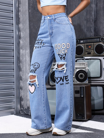 [High-Waisted Denim Pants] Casual Wide-Leg Denim Pants Featuring a High-Waisted Design with Heart And Letter Prints, Distressed Details
