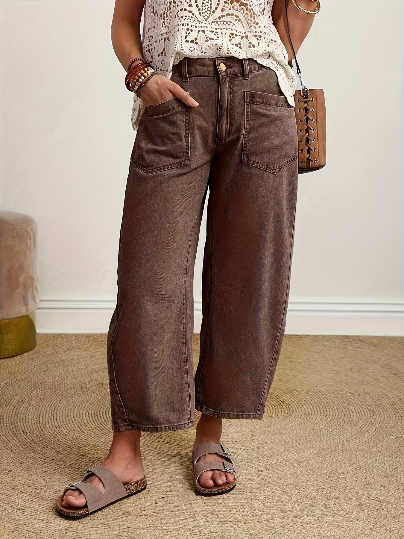 Women's High-Waisted Wide-Leg Jeans Pants - European/American Style Loose-Fit Denim Banana Pants with Washed Leg for all-Season Wear, Casual Elegant Outfits (Matching tops & Outerwear) - Non-Stretch Machine Washable Solid Color Jeans Clothing