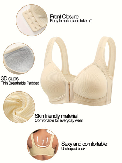 Women'S Front-Closure Vertical Stripe Wireless Push-Up Bra 5pcs Set Seamless Underwear, Adjustable Straps, Full Support Sports Bra White Fitness Apparel, Front-Closure Style Quick-Dry High-Stretch Breathable Fabric High-Support Women'S Bra Bundle