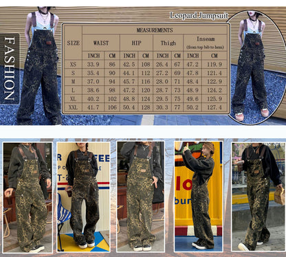 Fashion Multi-pocket Leopard Print Loose Denim Jumpsuit, Retro Old Trend Straight Wide-leg Pants Suitable for All Seasons.