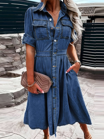 Women's waist a-line Jean Dress Row button V-neck dress