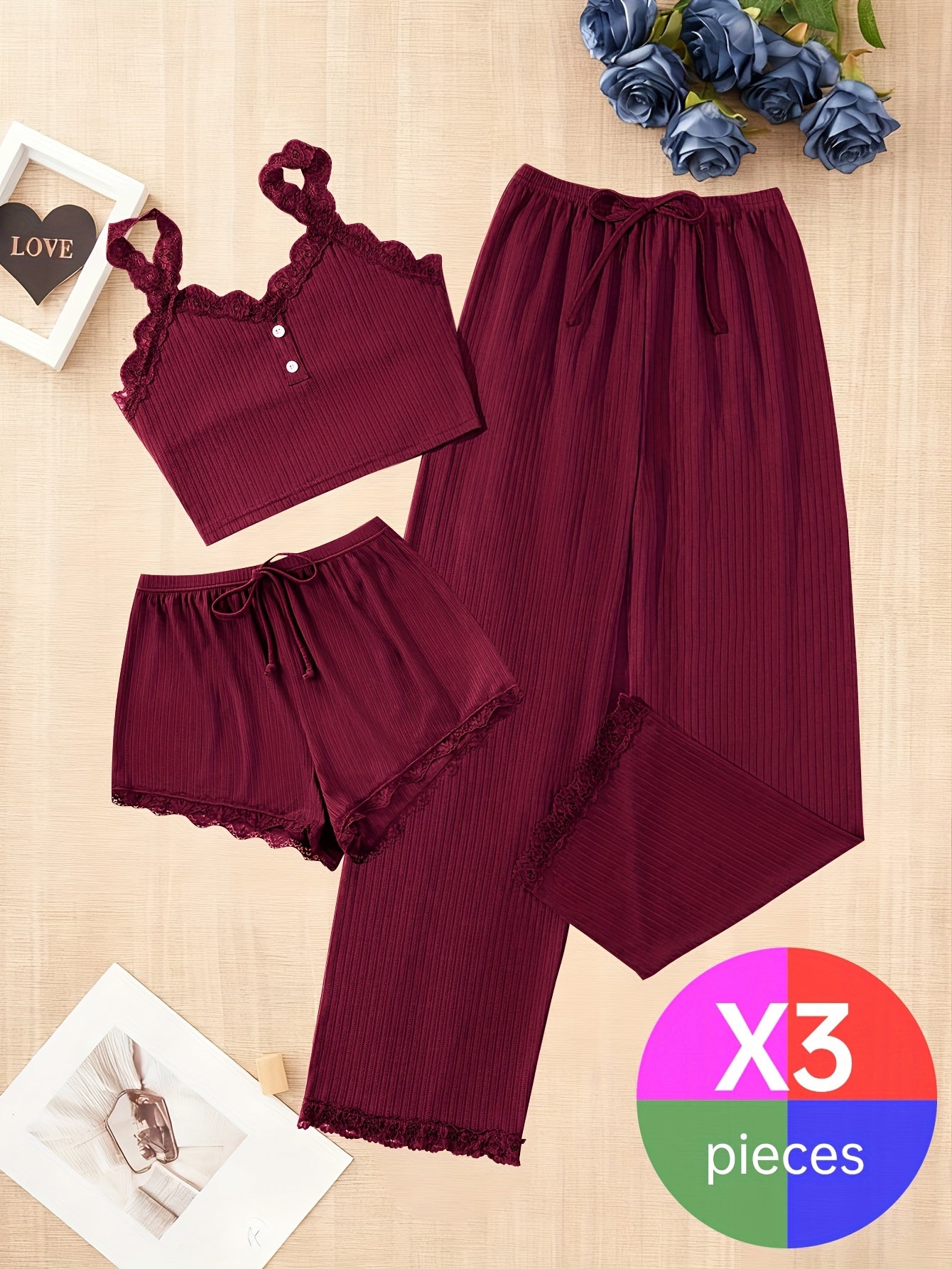 Random Color Delivery, 3pcs Ladies Four Seasons Sexy Lace Suspender Home Service Suit (Including Trousers, Shorts And Vest), Blue, Burgundy, Black, Random Delivery