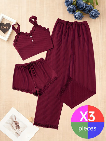 Random Color Delivery, 3pcs Ladies Four Seasons Sexy Lace Suspender Home Service Suit (Including Trousers, Shorts And Vest), Blue, Burgundy, Black, Random Delivery