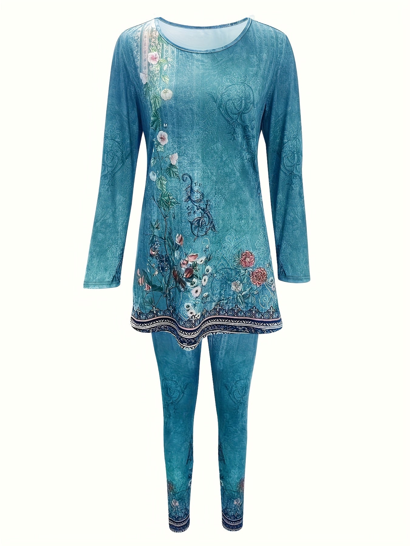 SINHOON Ladies' Attire Stylish Two-Piece Suit - Round Neck Long Sleeve Blouse with Side Slit And Printed Trousers - Ideal for Autumn And Winter Wear