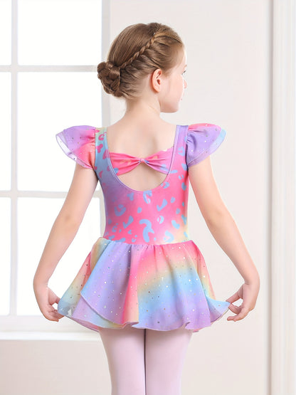 Christmas Girl's Dress; Dress; Dance Dress; One-piece Training Suit; Summer Rainbow Gradient Dress; Mesh Dress; Sweet Petal Sleeves; One-piece Dress; Children's Ballet Leotard; Back Bow.