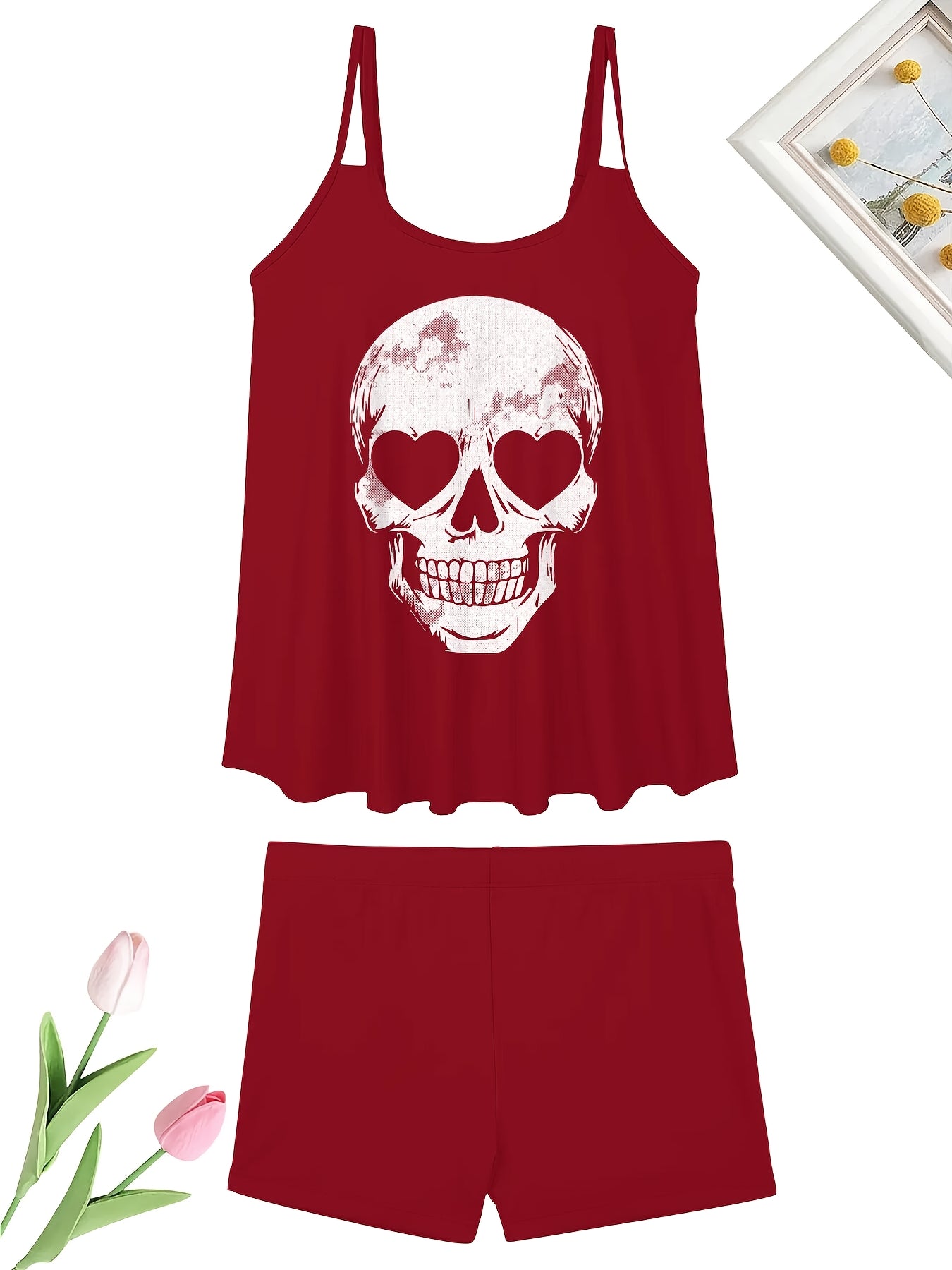 Adorable Skeleton-Themed Two-Piece Swimsuit for Women, Featuring a Stylish Black Design with a Conservative Double Shoulder Tankini Style, Perfect for a Laid-Back Halloween Look