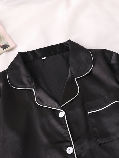 Solid Satin Pajama Set, Casual Short Sleeve Buttons Lapel Top & Shorts, Women'S Sleepwear
