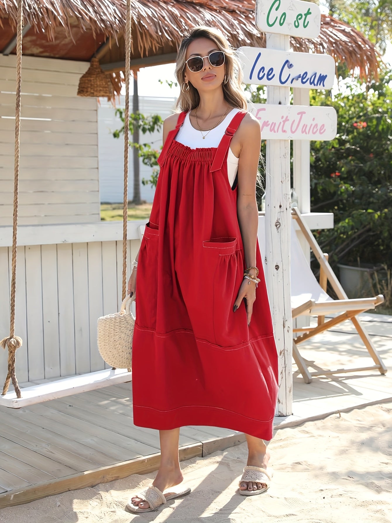 [Loose Midi Dress] Women's Loose Adjustable Strap Midi Overall Dress with Big Pockets in Workwear Style