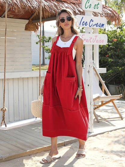 [Loose Midi Dress] Women's Loose Adjustable Strap Midi Overall Dress with Big Pockets in Workwear Style