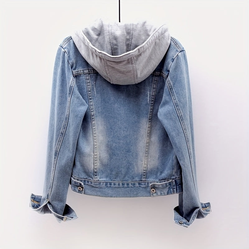 Plus Size Women's Casual Denim Jacket, Long-sleeved Hooded Short Denim Coat. The Hood Can Be Detached. It Is Suitable for Spring And Autumn Seasons And Any Occasion
