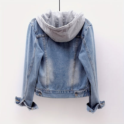 Plus Size Women's Casual Denim Jacket, Long-sleeved Hooded Short Denim Coat. The Hood Can Be Detached. It Is Suitable for Spring And Autumn Seasons And Any Occasion