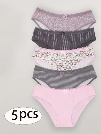 5-Pack Women'S Triangle Panties with Floral Print, Nude Comfortable Soft Stretchy Large Size Underwear with Bow Decoration, Simple Elegant Breathable Briefs - 2025 New Arrival
