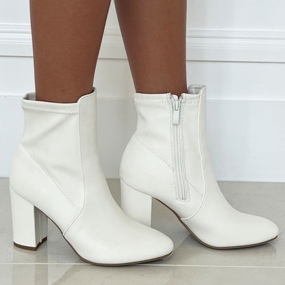 TRENDSup Women's Faux Leather Pointed Toe Ankle Booties with Block Heel – Stylish Fall Dress Boots