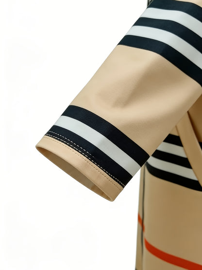 Women'S Beige Wavy Striped Hooded Longline Coat | Trendy Y2K Quiet Luxury Vibe Loose-Fit Full-Zip Outerwear for Spring Autumn Casual Daily Chic Versatile Outfit