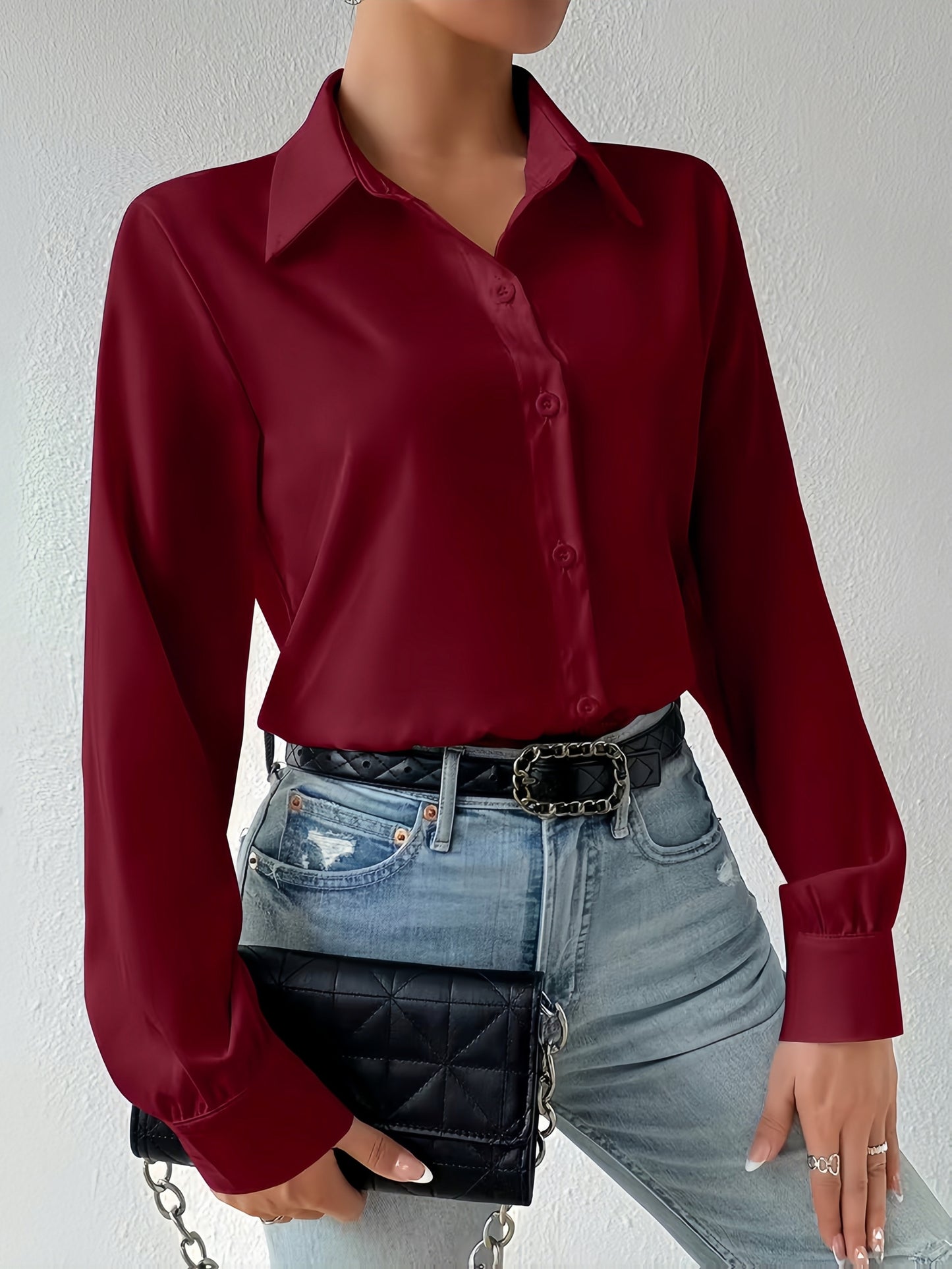 2pcs Women's Elegant Collar Button-Up Jumpsuit Suit - Solid Color Professional Blouse Top for Commuting, Office & Casual Wear, - Versatile Daily Shirt, Hand Washable (No Transparency) for to Outfits