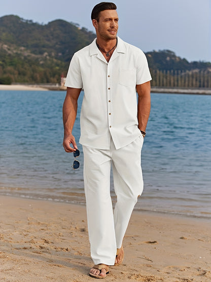 Men 2pcs Linen Outfit Beach Button- Shirt Casual Loose Pant Sets