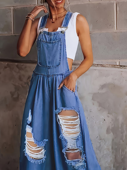 Women's Denim Overalls - Loose-Fit Sleeveless Casual Style With Side Pockets, Wide-Leg Jumpsuit Dungarees