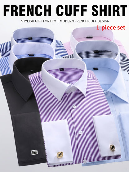 2026 French Cuff Dress Shirt 1pc For Men With FREE Random Cufflinks Set - Luxury Formal Wedding Shirt, Business Office Elegant Attire