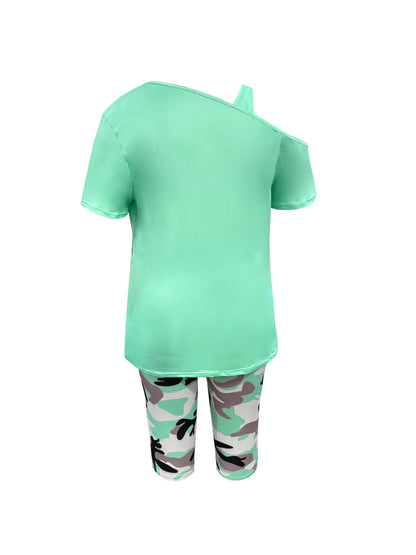 Plus Size - Ladies Plus Size Daily Casual One-Shoulder Short Sleeve Two-Piece Outfit, Diagonal Shoulder Design, Slim Fit Camouflage Pants Suit With Letter Print.