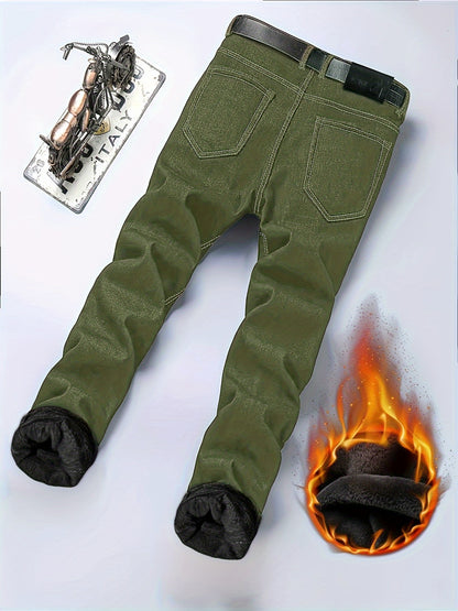 2pcs Men'S Slim Fit Fleece Lined Jeans - Business Casual Thermal Trousers for Winter